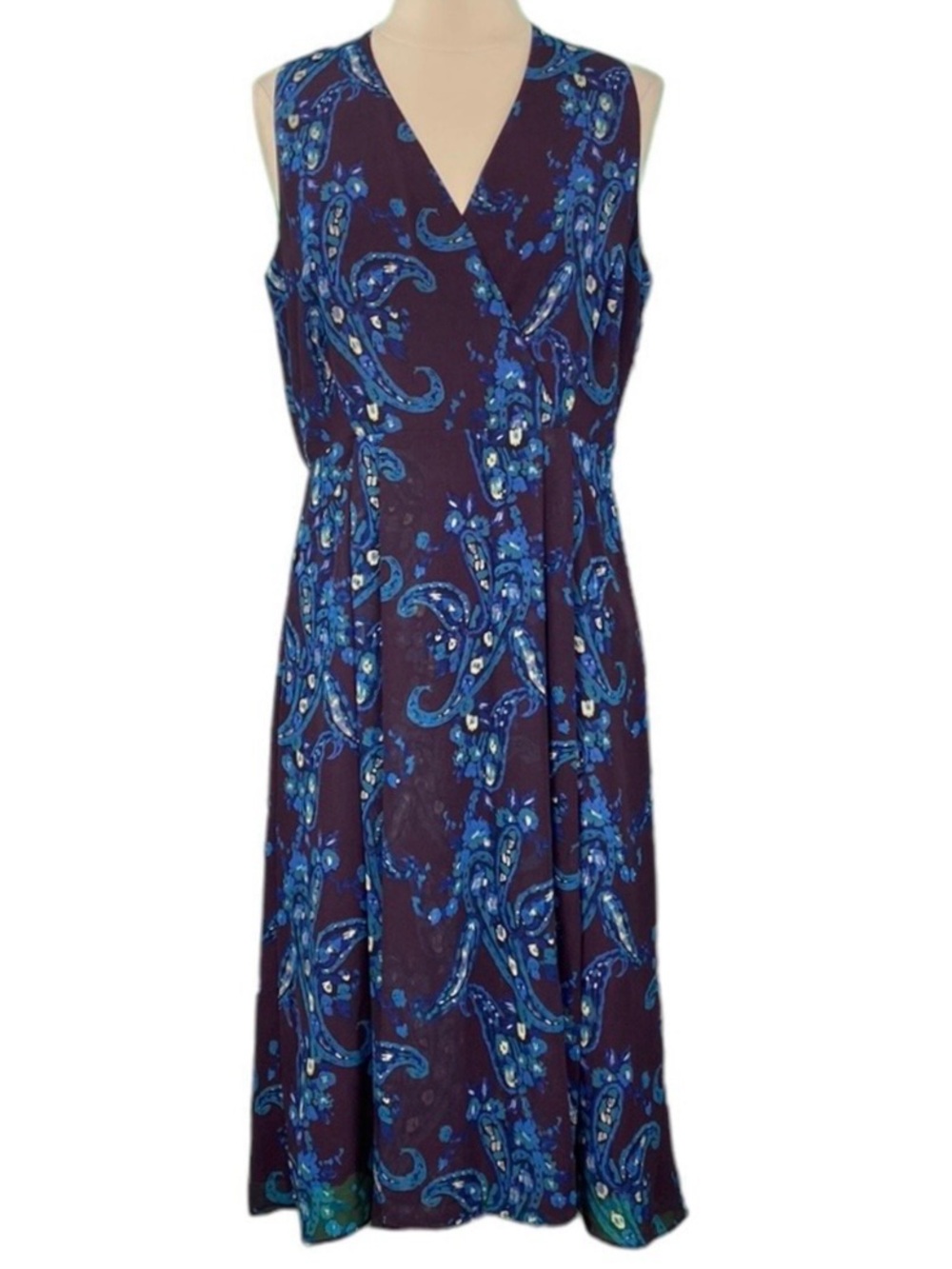 CAbi Floral Paisley V-Neck Dress in Plum & Teal Blue with Pockets & Hidden Zip - Picture 1 of 12